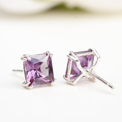 6mm Square Lab-Grown Alexandrite Sterling Silver Stud Earrings Silver - June Birthstone