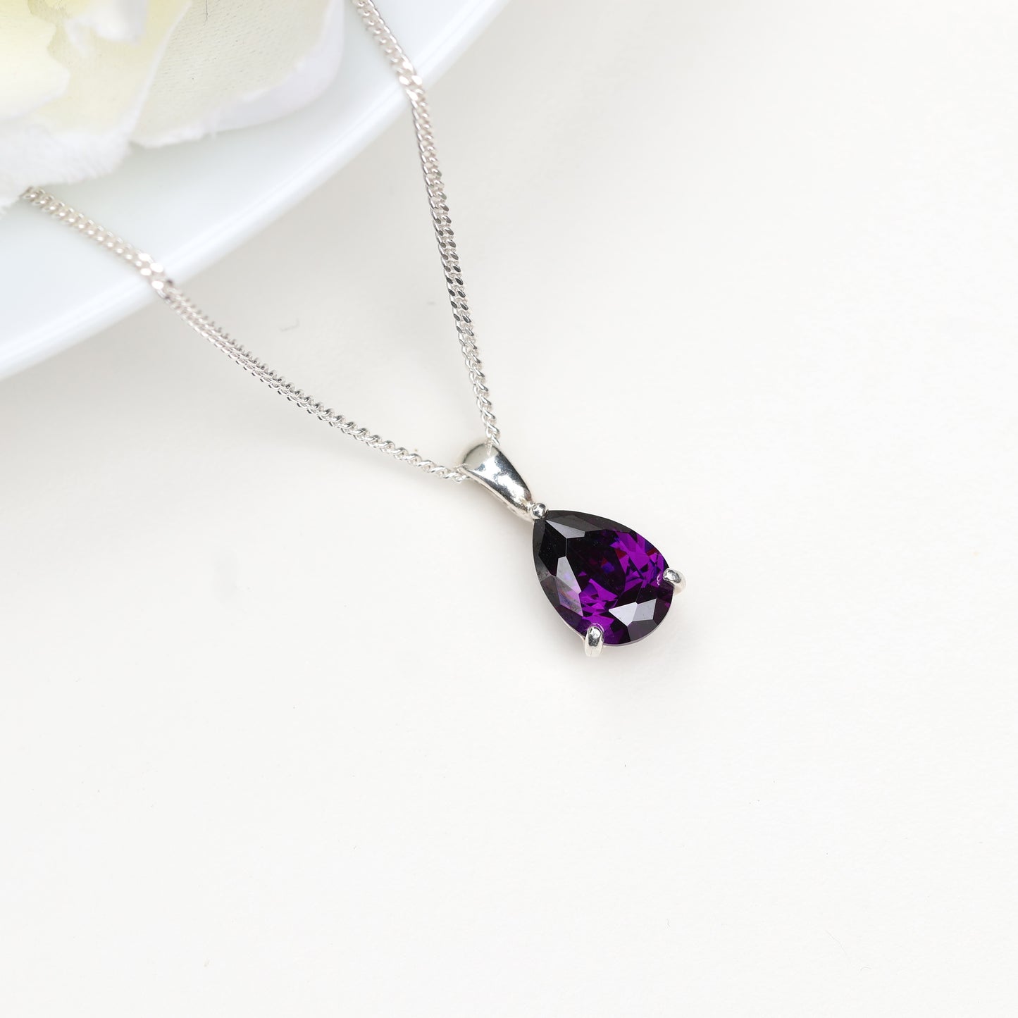 10x7mm Natural Amethyst Teardrop Sterling Silver Pendant Necklace - February Birthstone