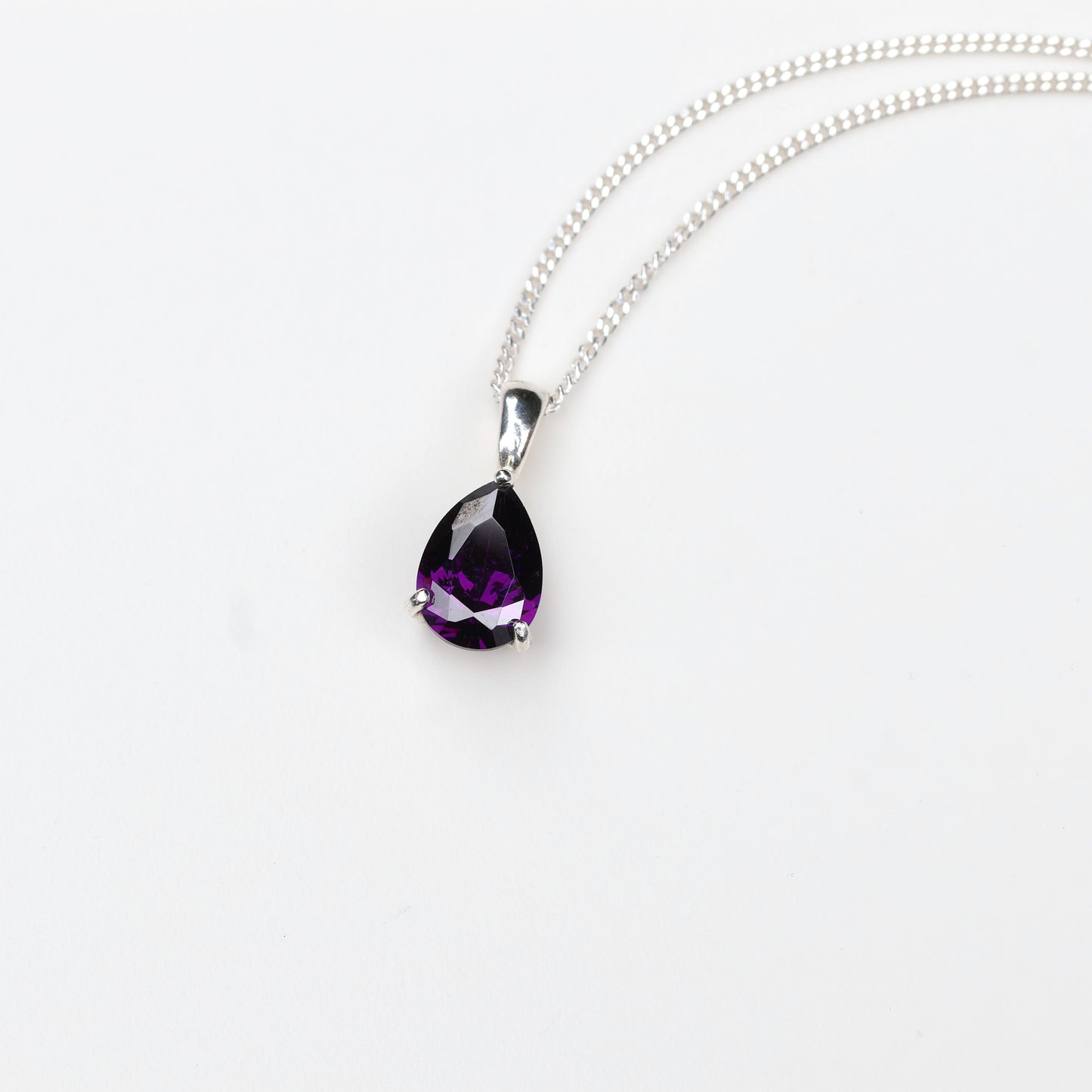 10x7mm Natural Amethyst Teardrop Sterling Silver Pendant Necklace - February Birthstone