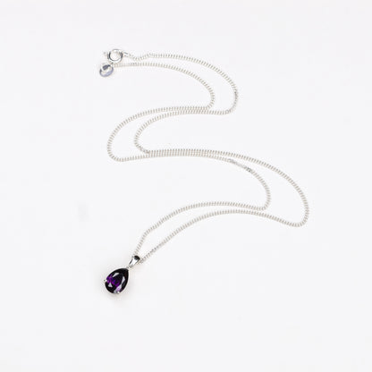 10x7mm Natural Amethyst Teardrop Sterling Silver Pendant Necklace - February Birthstone