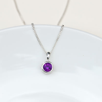6mm Natural Amethyst Sterling Silver Round Pendant Necklace - February Birthstone