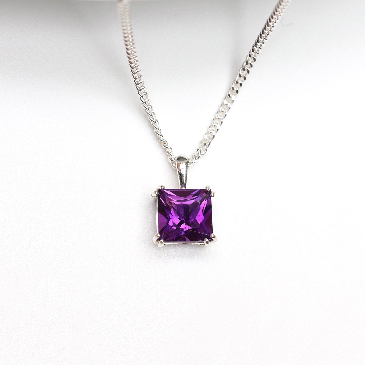 6mm Natural Amethyst Square 925 Sterling Silver Pendant Necklace - February Birthstone