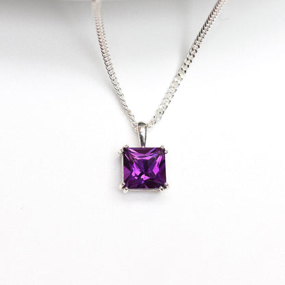 6mm Natural Amethyst Square 925 Sterling Silver Pendant Necklace - February Birthstone
