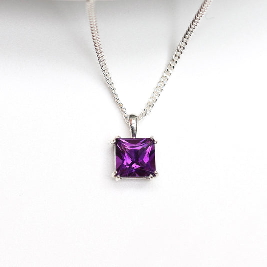 6mm Natural Amethyst Square 925 Sterling Silver Pendant Necklace - February Birthstone