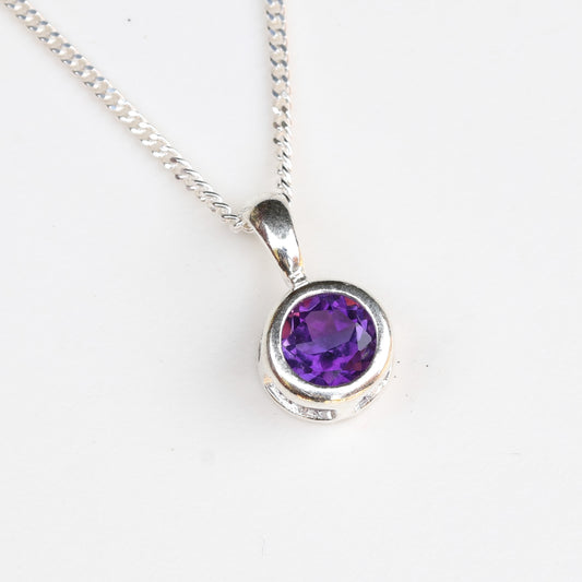 6mm Natural Amethyst Sterling Silver Round Pendant Necklace - February Birthstone