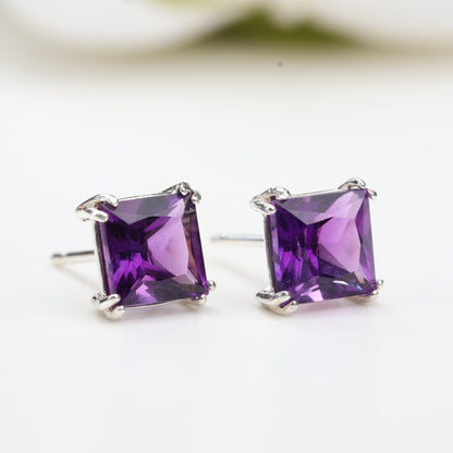 6mm Natural Amethyst Sterling Silver Square Stud Earrings - February Birthstone