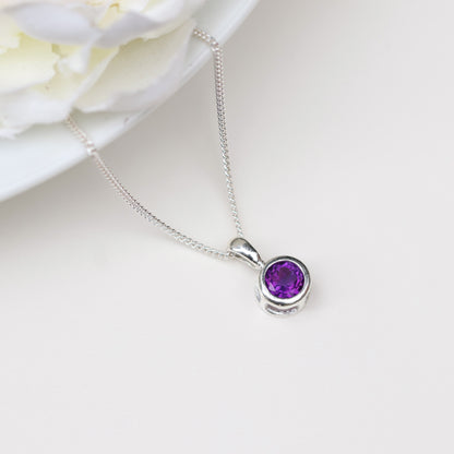 6mm Natural Amethyst Sterling Silver Round Pendant Necklace - February Birthstone