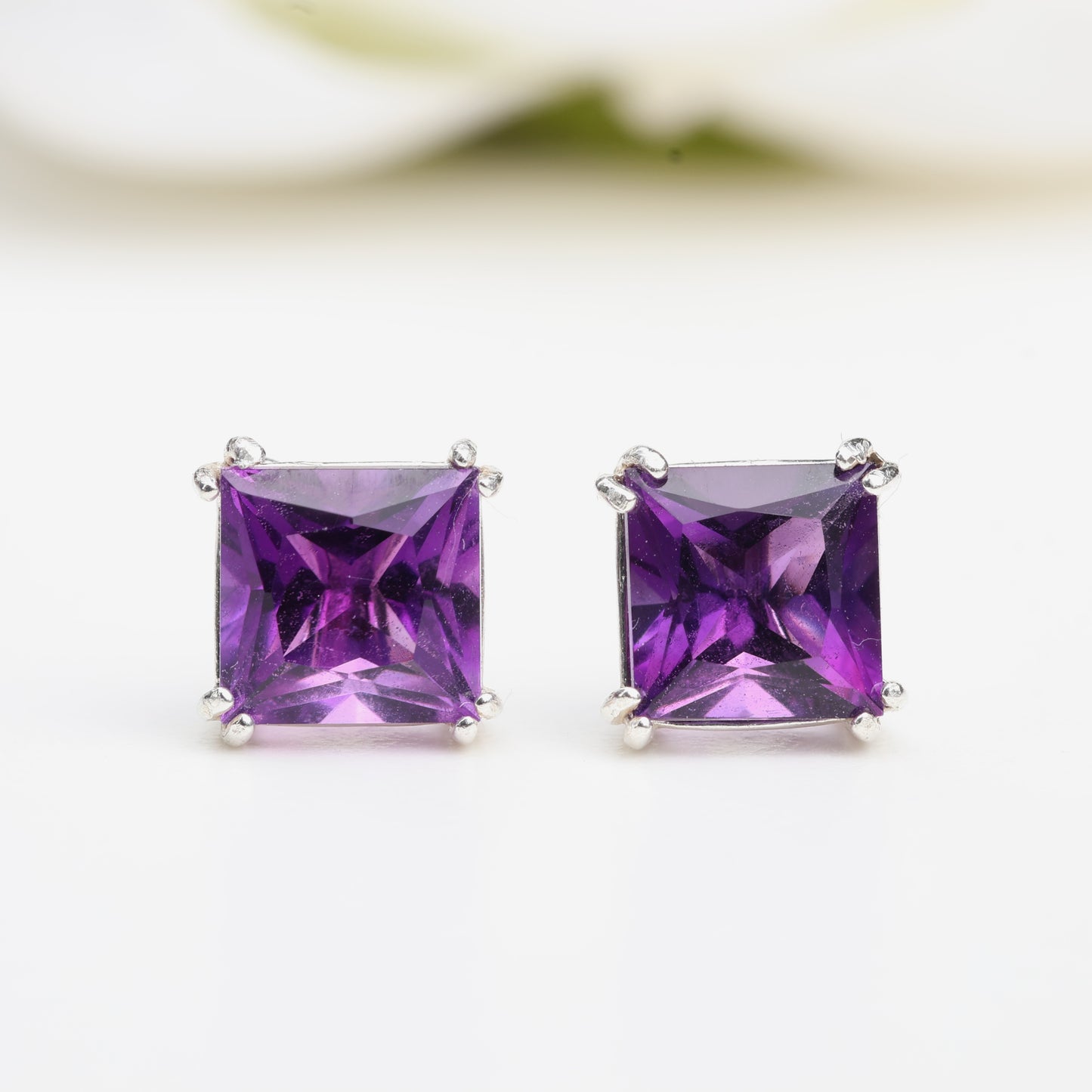 6mm Natural Amethyst Sterling Silver Square Stud Earrings - February Birthstone