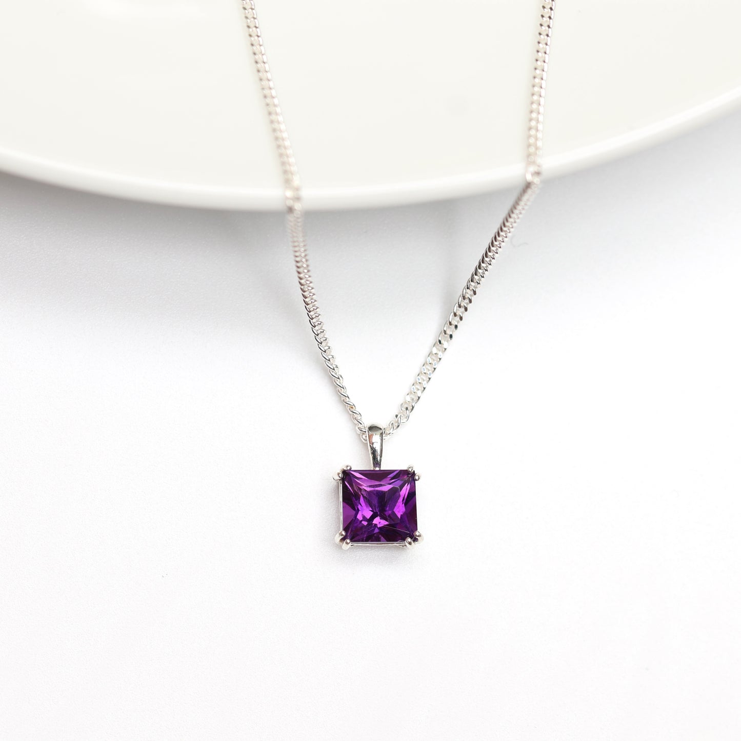 6mm Natural Amethyst Square 925 Sterling Silver Pendant Necklace - February Birthstone