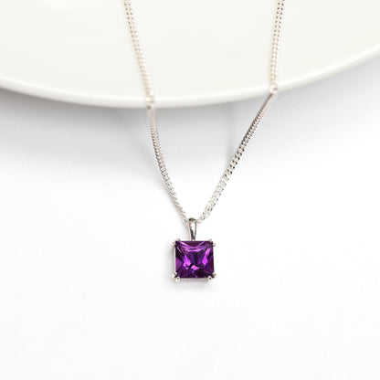 6mm Natural Amethyst Square 925 Sterling Silver Pendant Necklace - February Birthstone