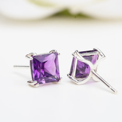 6mm Natural Amethyst Sterling Silver Square Stud Earrings - February Birthstone