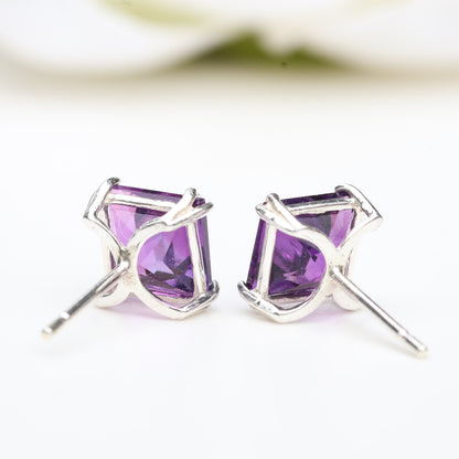 6mm Natural Amethyst Sterling Silver Square Stud Earrings - February Birthstone