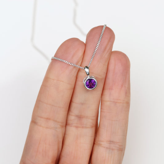 6mm Natural Amethyst Sterling Silver Round Pendant Necklace - February Birthstone