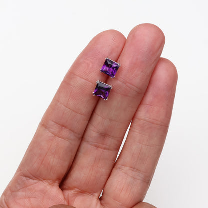 6mm Natural Amethyst Sterling Silver Square Stud Earrings - February Birthstone