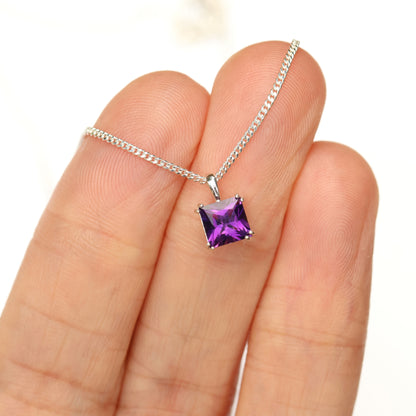 6mm Natural Amethyst Square 925 Sterling Silver Pendant Necklace - February Birthstone