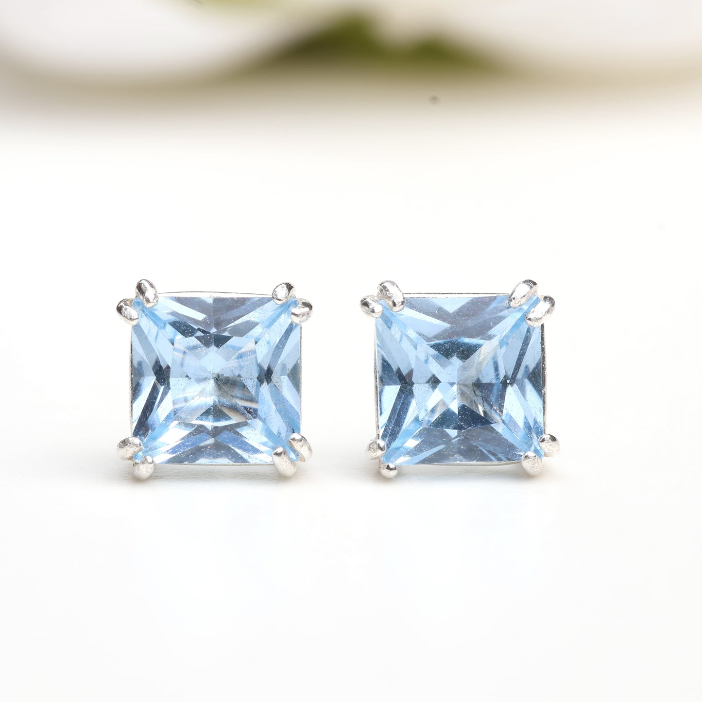 6mm Lab-Grown Aqua Spinel Sterling Silver Square Stud Earrings - March Birthstone