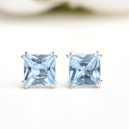 6mm Lab-Grown Aqua Spinel Sterling Silver Square Stud Earrings - March Birthstone