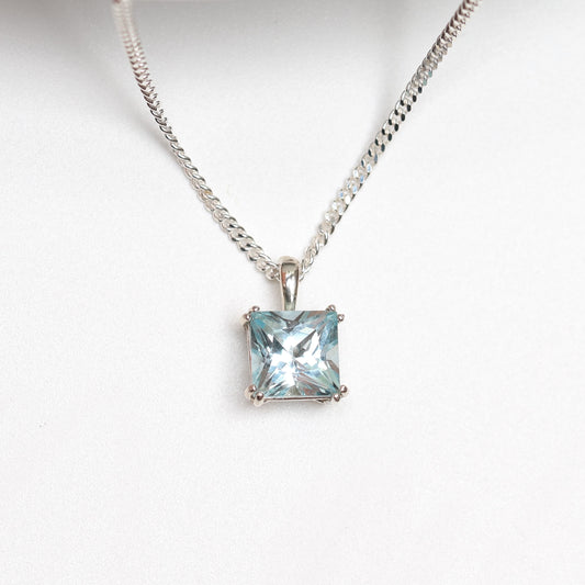 6mm Lab-Grown Aquamarine Spinel Square Sterling Silver Pendant Necklace - March Birthstone