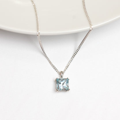 6mm Lab-Grown Aquamarine Spinel Square Sterling Silver Pendant Necklace - March Birthstone