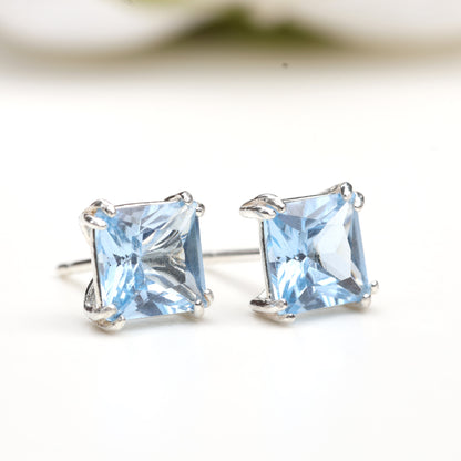 6mm Lab-Grown Aqua Spinel Sterling Silver Square Stud Earrings - March Birthstone