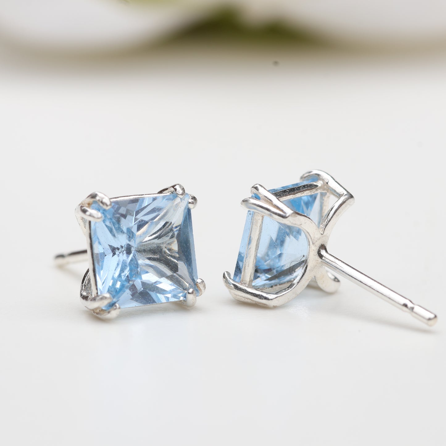 6mm Lab-Grown Aqua Spinel Sterling Silver Square Stud Earrings - March Birthstone