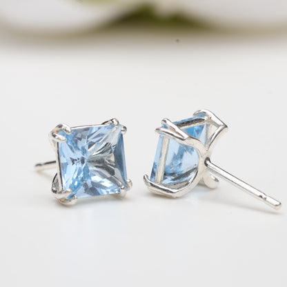 6mm Lab-Grown Aqua Spinel Sterling Silver Square Stud Earrings - March Birthstone