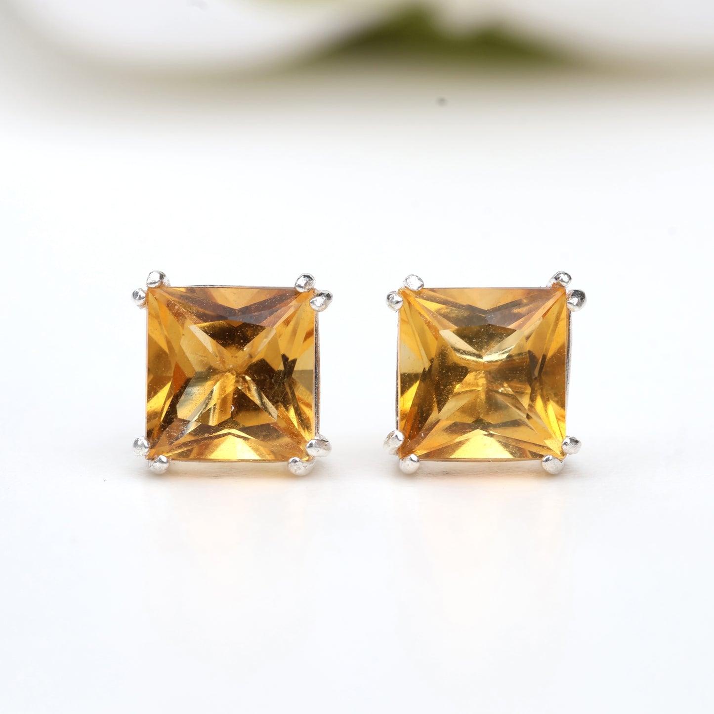 6mm Natural Citrine Sterling Silver Square Stud Earrings - November Birthstone