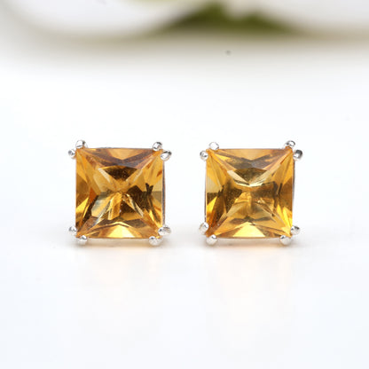 6mm Natural Citrine Sterling Silver Square Stud Earrings - November Birthstone