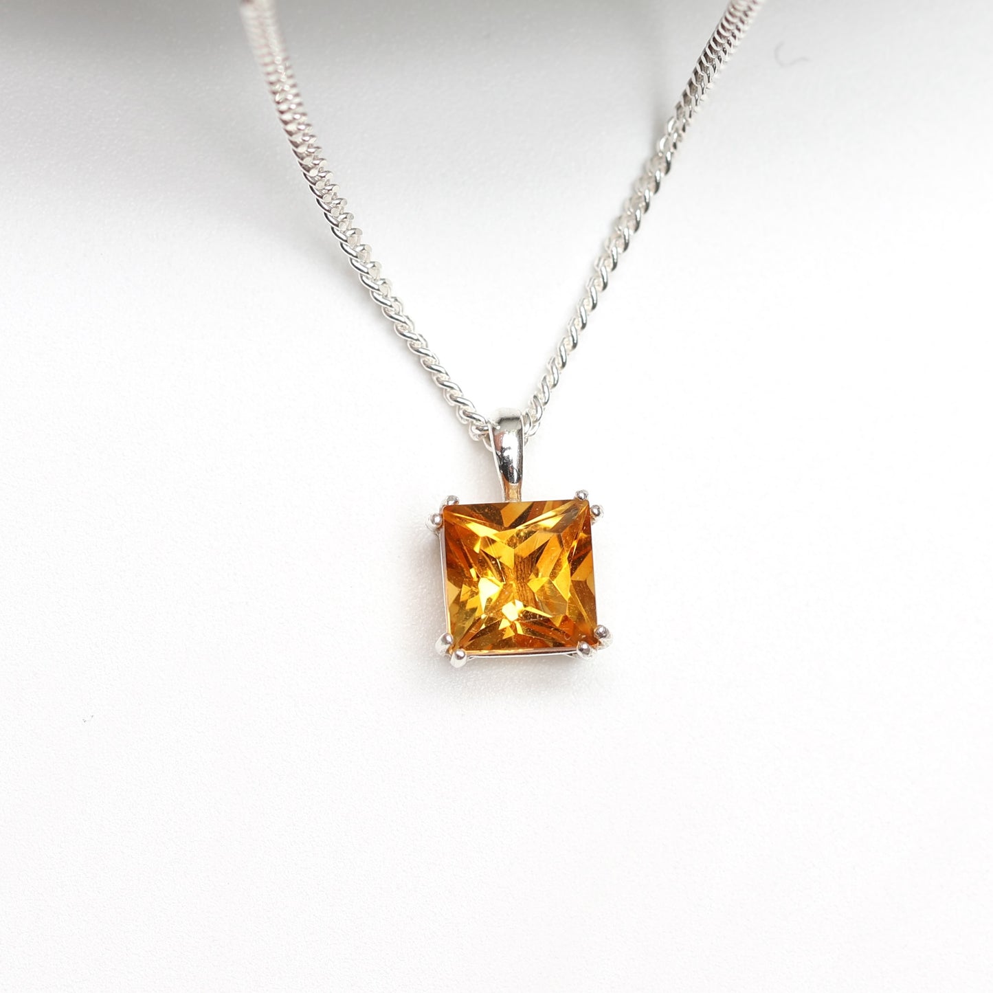 6mm Natural Citrine Square 925 Sterling Silver Pendant Necklace - November Birthstone