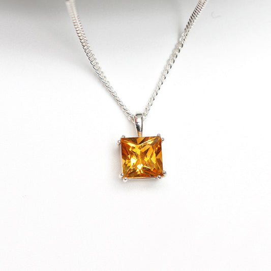 6mm Natural Citrine Square 925 Sterling Silver Pendant Necklace - November Birthstone