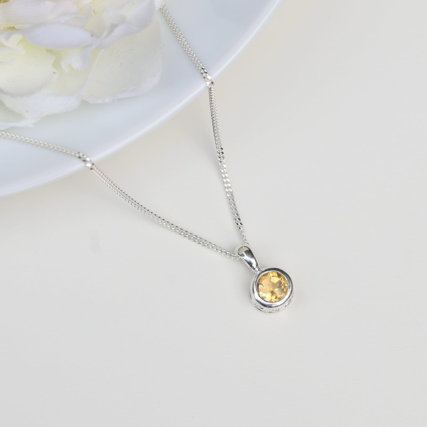 6mm Natural Citrine Sterling Silver Round Pendant Necklace - November Birthstone