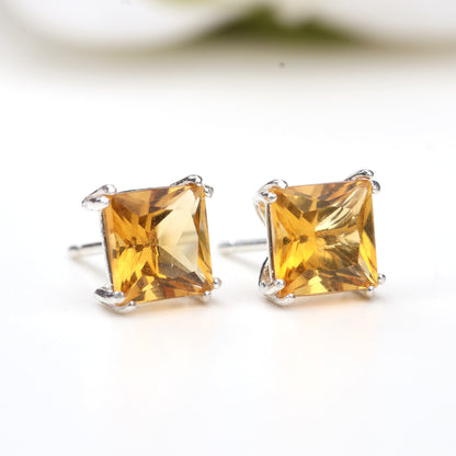 6mm Natural Citrine Sterling Silver Square Stud Earrings - November Birthstone