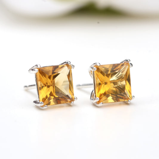 6mm Natural Citrine Sterling Silver Square Stud Earrings - November Birthstone