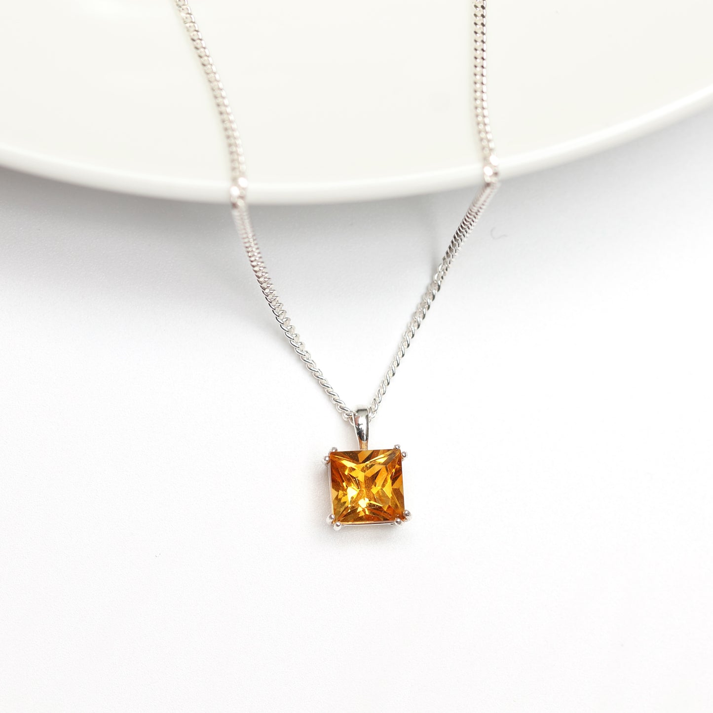 6mm Natural Citrine Square 925 Sterling Silver Pendant Necklace - November Birthstone