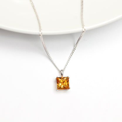 6mm Natural Citrine Square 925 Sterling Silver Pendant Necklace - November Birthstone