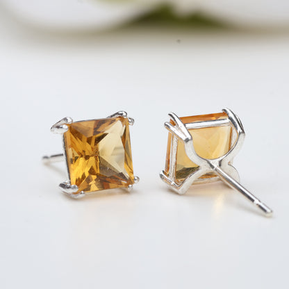 6mm Natural Citrine Sterling Silver Square Stud Earrings - November Birthstone