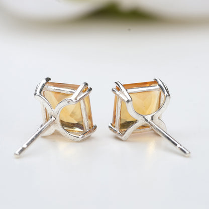 6mm Natural Citrine Sterling Silver Square Stud Earrings - November Birthstone