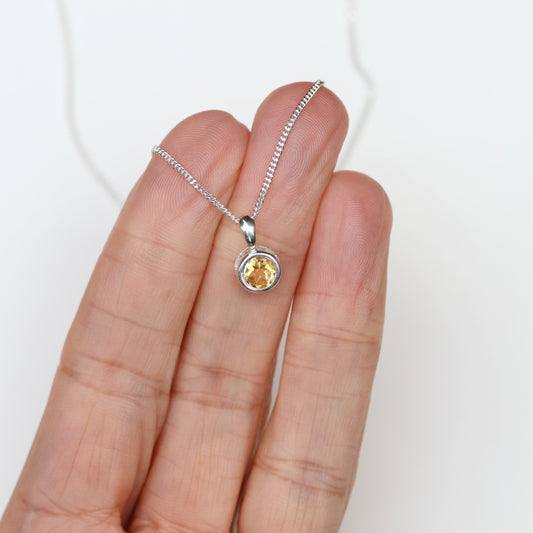 6mm Natural Citrine Sterling Silver Round Pendant Necklace - November Birthstone