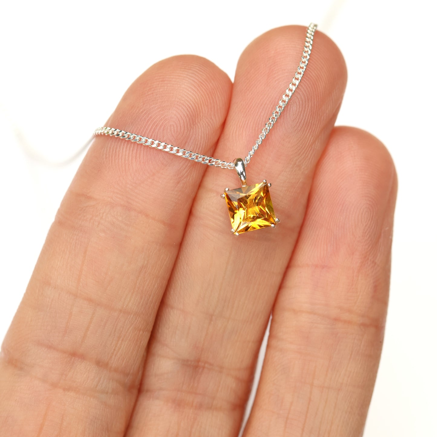 6mm Natural Citrine Square 925 Sterling Silver Pendant Necklace - November Birthstone
