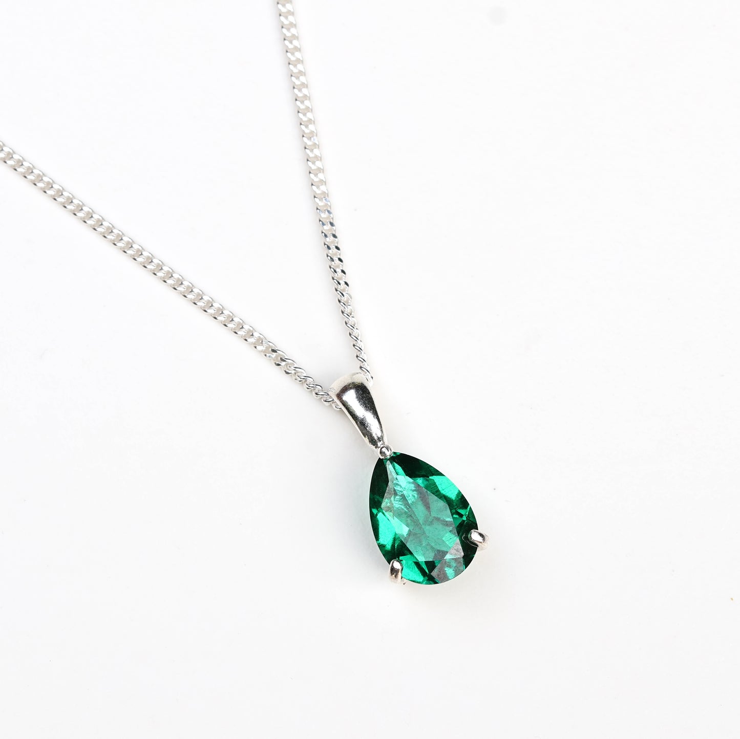 10x7mm Lab-Grown Emerald Teardrop Sterling Silver Pendant Necklace - May Birthstone