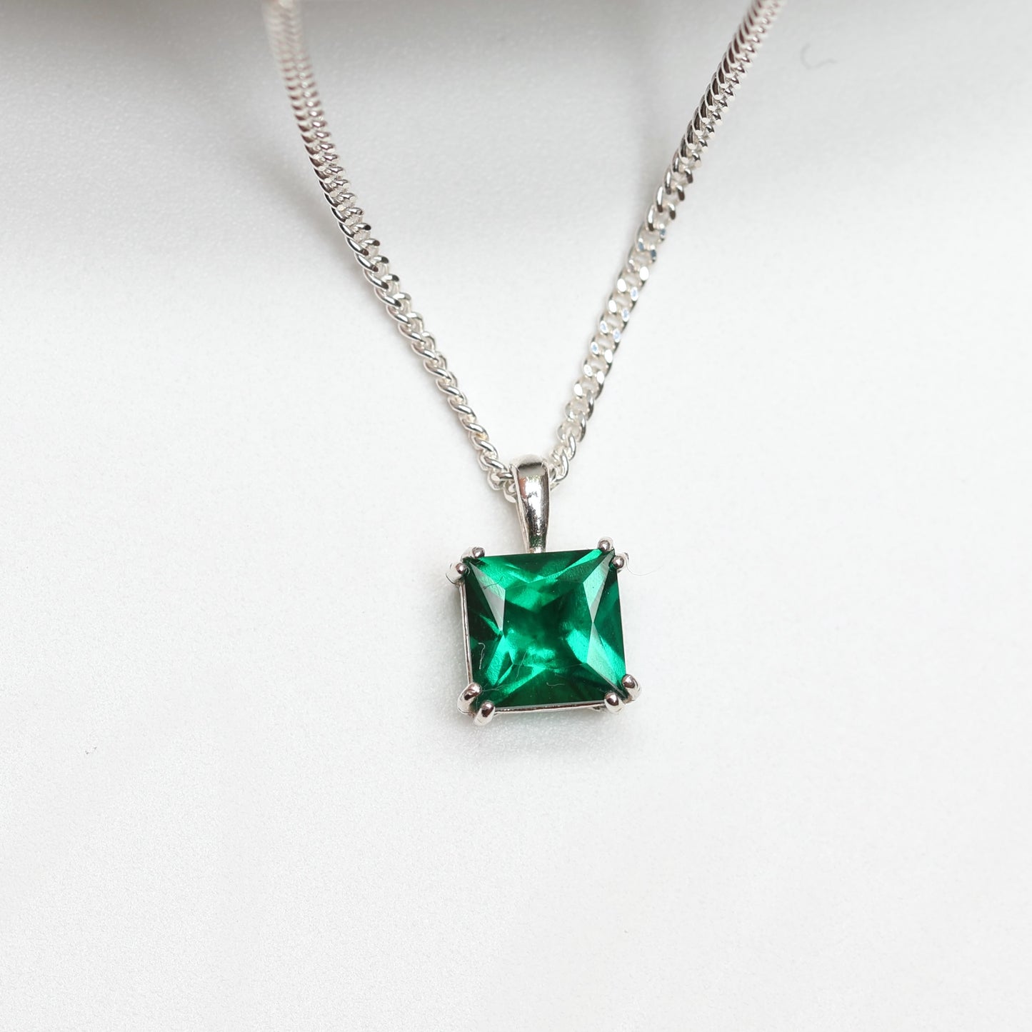 6mm Lab-Grown Emerald Square Sterling Silver Pendant Necklace - May Birthstone