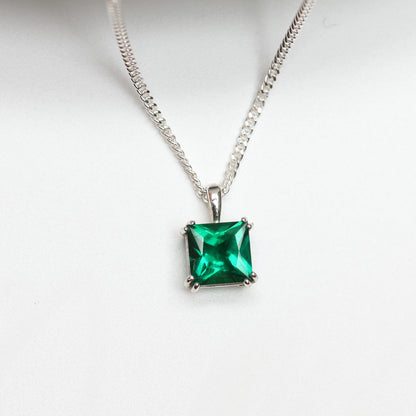 6mm Lab-Grown Emerald Square Sterling Silver Pendant Necklace - May Birthstone