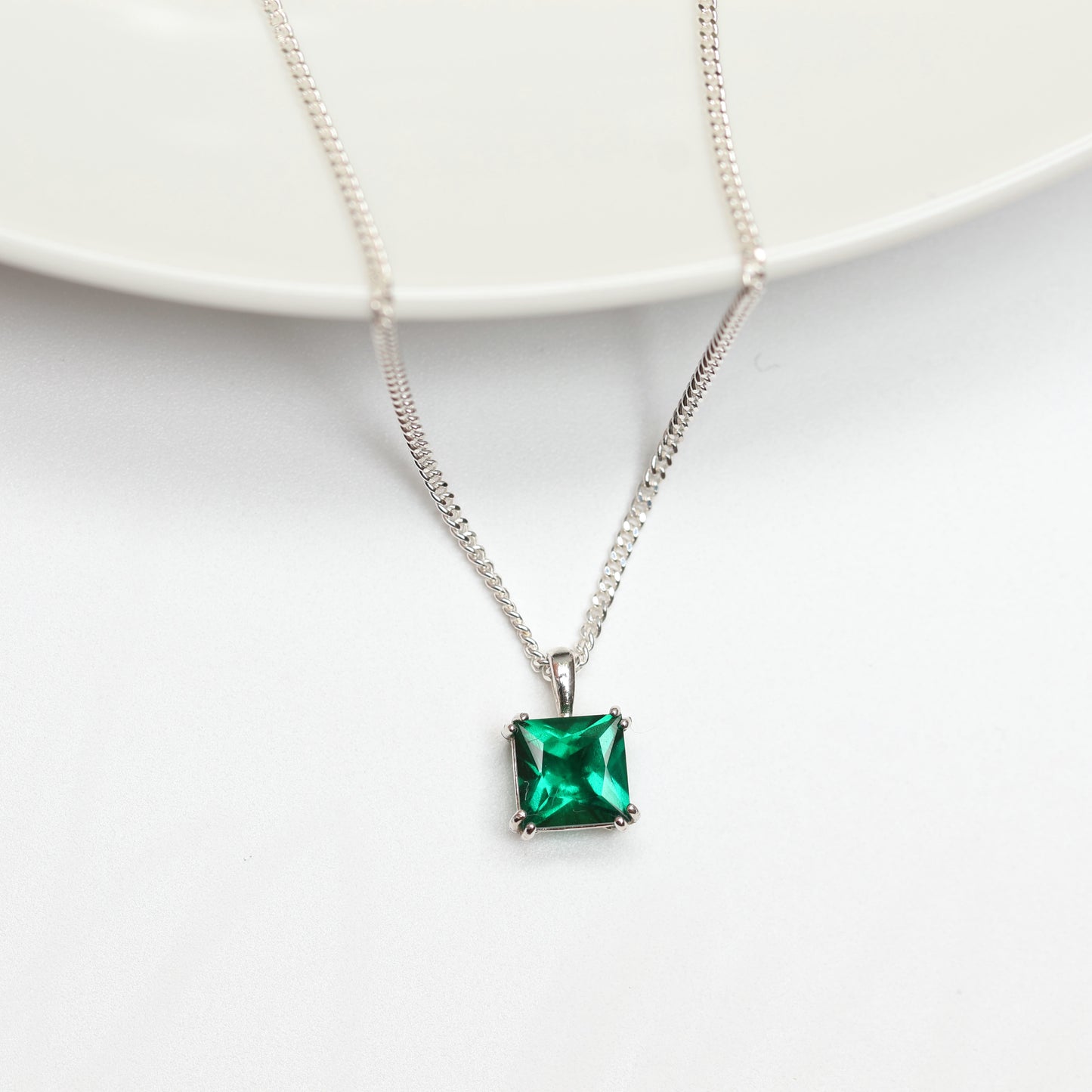 6mm Lab-Grown Emerald Square Sterling Silver Pendant Necklace - May Birthstone