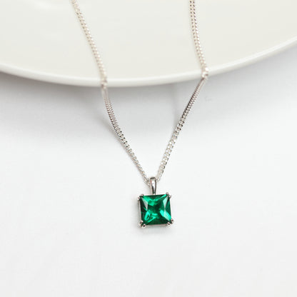 6mm Lab-Grown Emerald Square Sterling Silver Pendant Necklace - May Birthstone