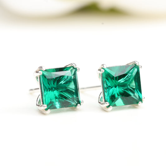6mm Lab-Grown Emerald Sterling Silver Square Stud Earrings - May Birthstone
