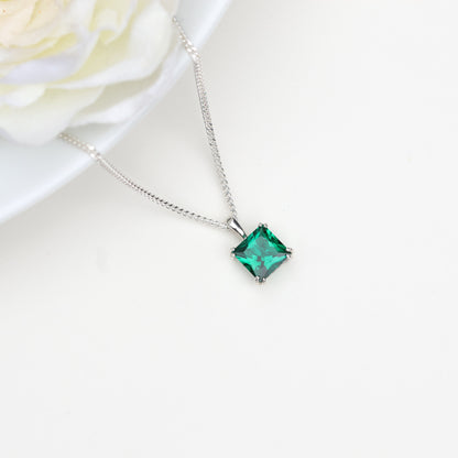6mm Lab-Grown Emerald Square Sterling Silver Pendant Necklace - May Birthstone