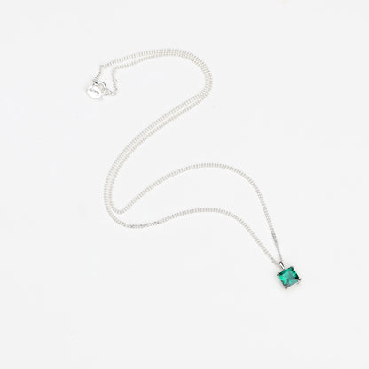 6mm Lab-Grown Emerald Square Sterling Silver Pendant Necklace - May Birthstone