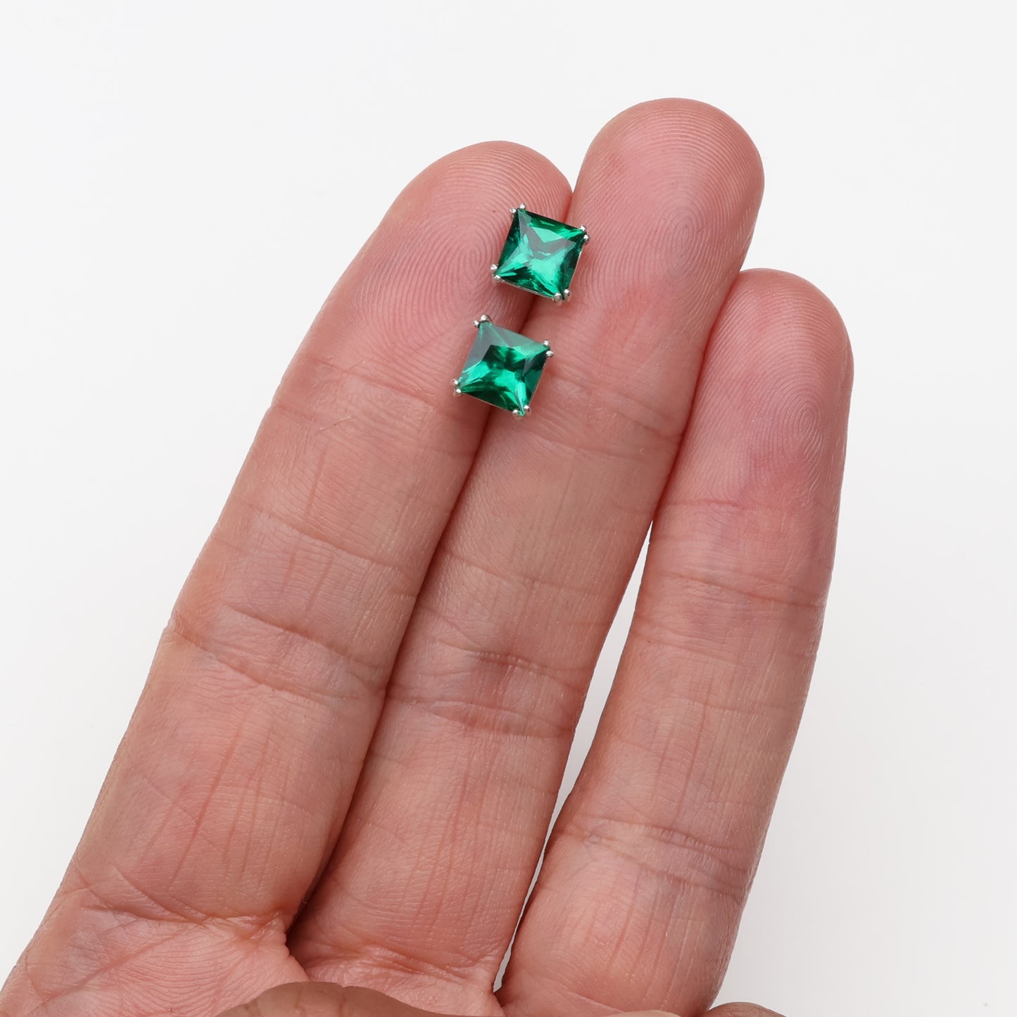 6mm Lab-Grown Emerald Sterling Silver Square Stud Earrings - May Birthstone