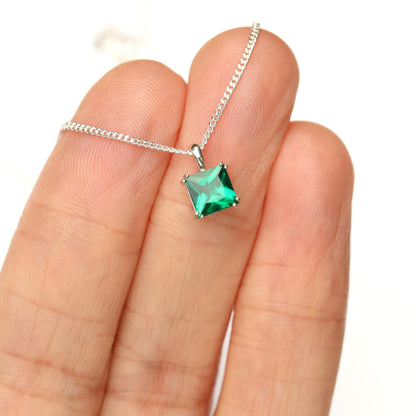 6mm Lab-Grown Emerald Square Sterling Silver Pendant Necklace - May Birthstone