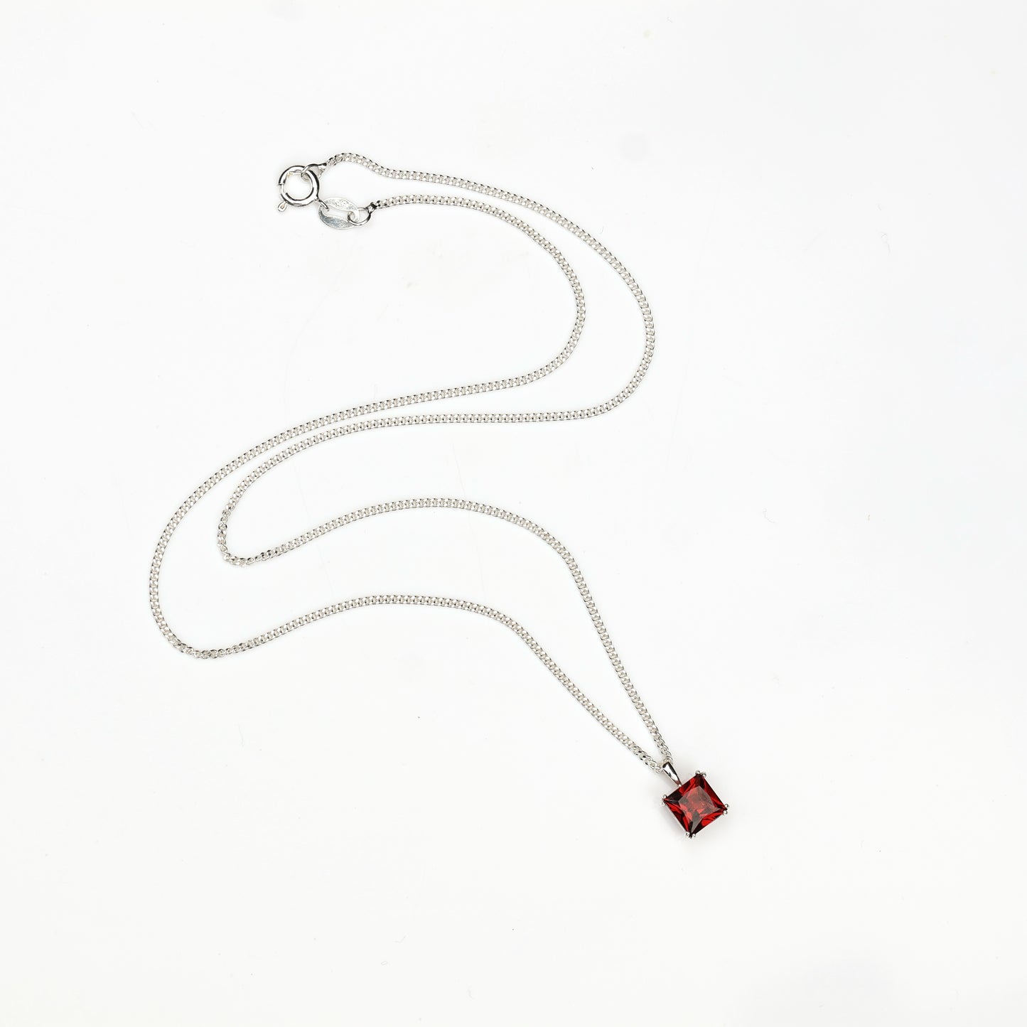 6mm Natural Garnet Square 925 Sterling Silver Pendant Necklace - January Birthstone